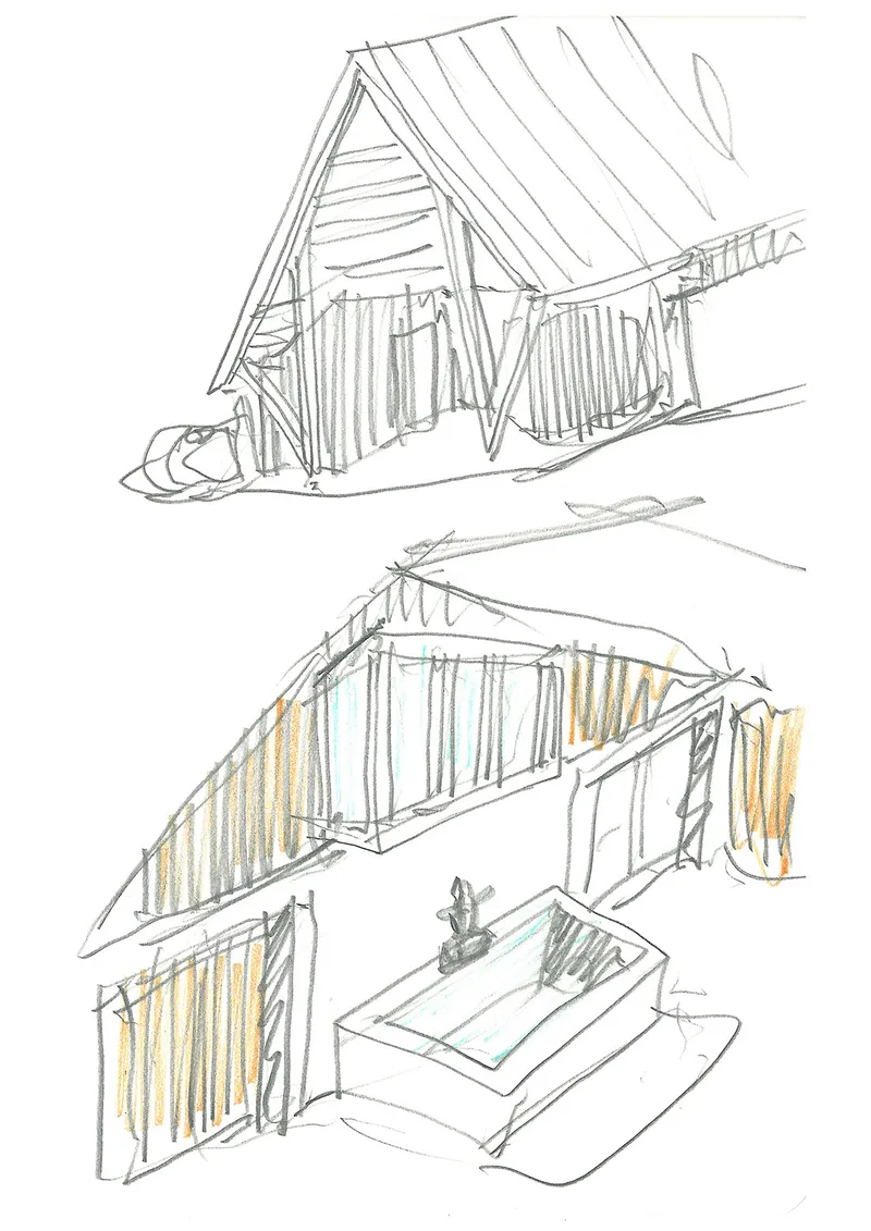 Sketch showing two perspective views of a timber-framed structure with a pitched roof and vertical cladding