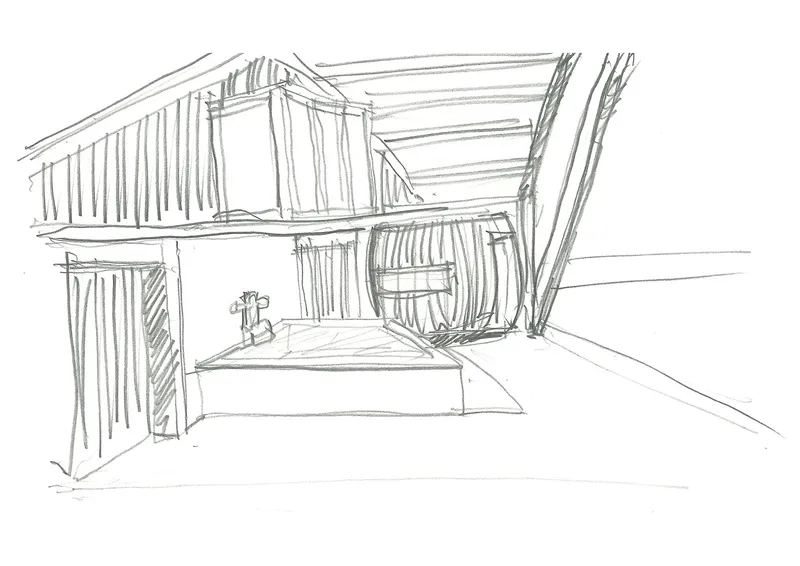 Perspective sketch of an interior space beneath exposed rafters with vertical timber slat walls