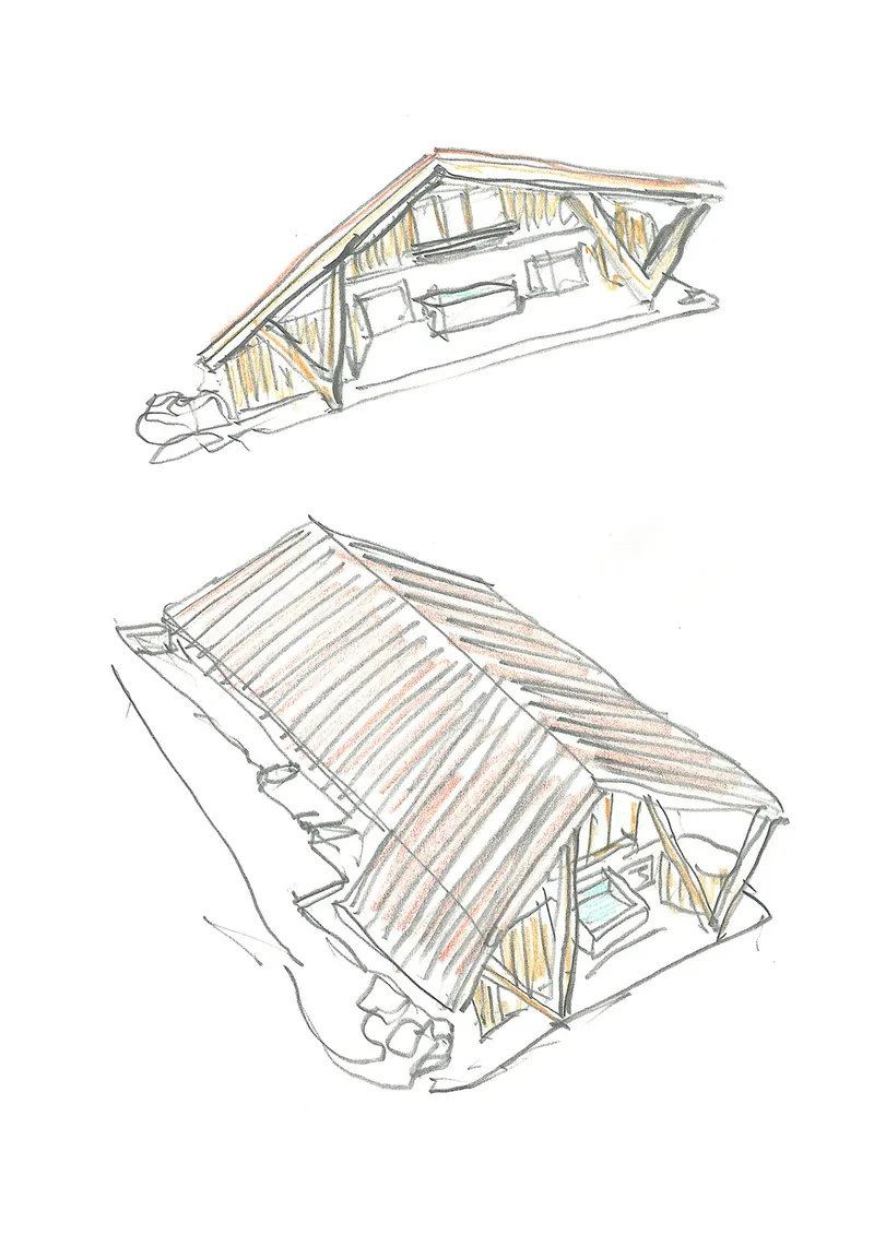 Axonometric sketch showing two views of a gabled pavilion with timber framing and slatted roof
