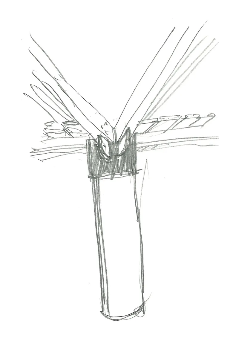 Detail sketch of a structural column connection with radiating beams extending from a central node
