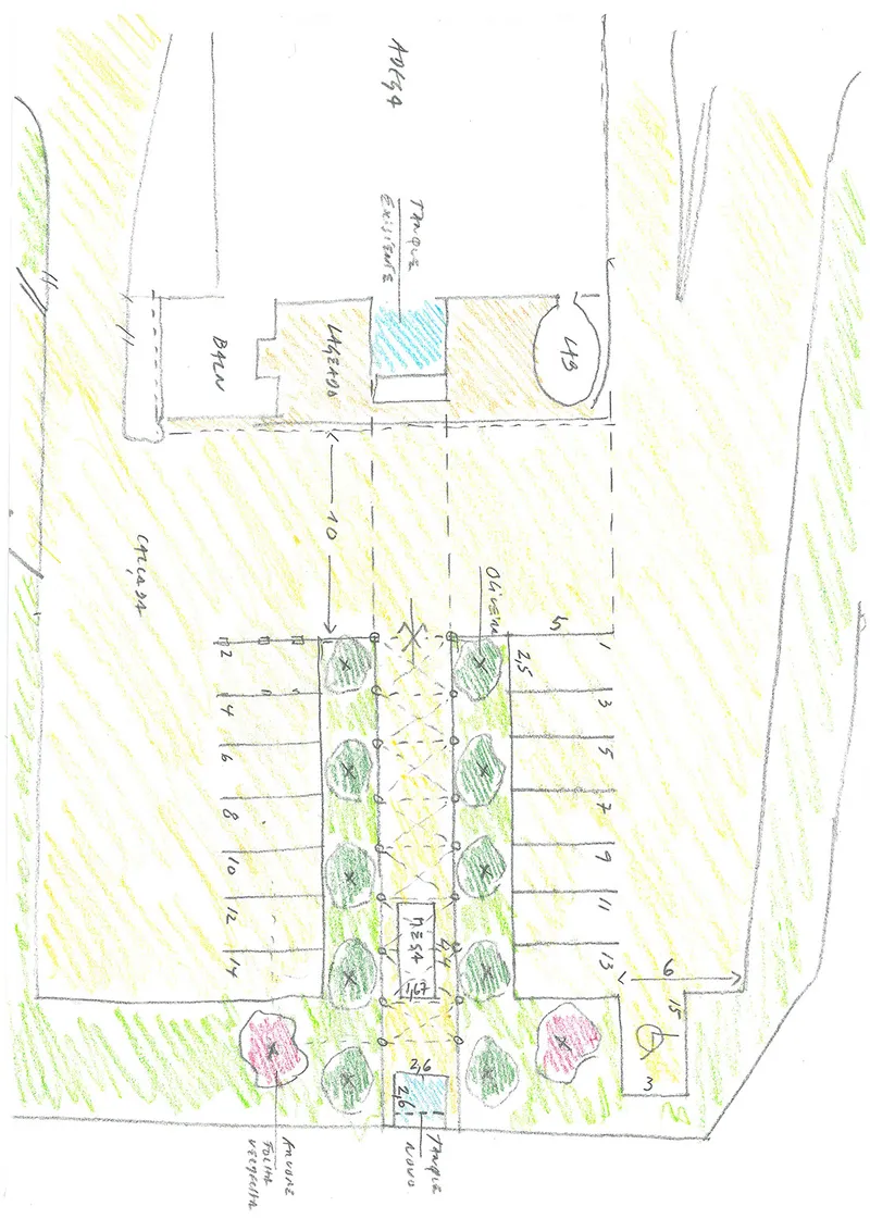 Site plan drawing showing a rectangular building footprint with planted areas and surrounding landscape