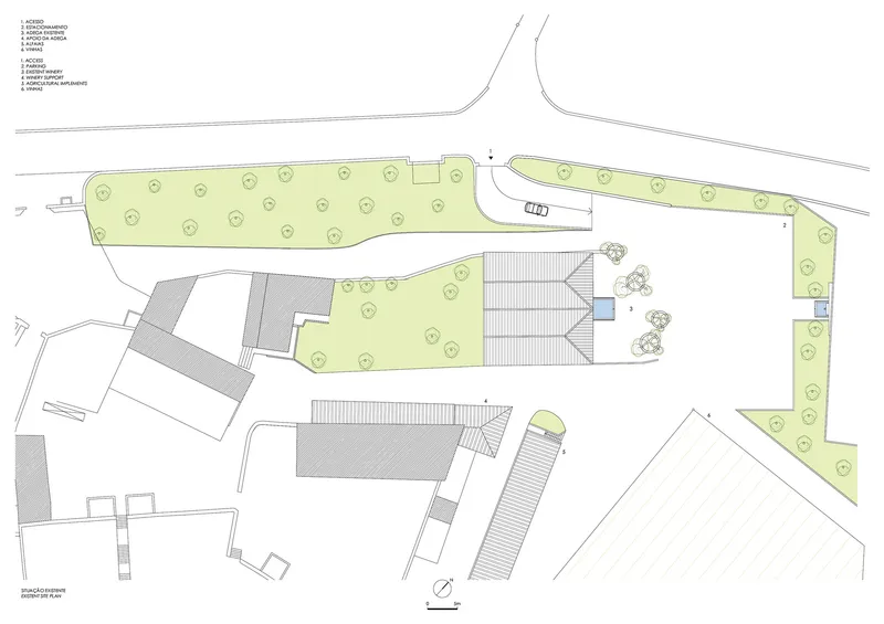 Site plan drawing showing multiple buildings arranged around green spaces with tree symbols
