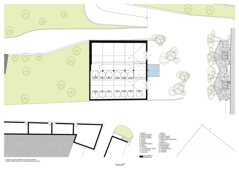 Floor plan and section drawing of a rectangular building with interior structural grid and surrounding landscape