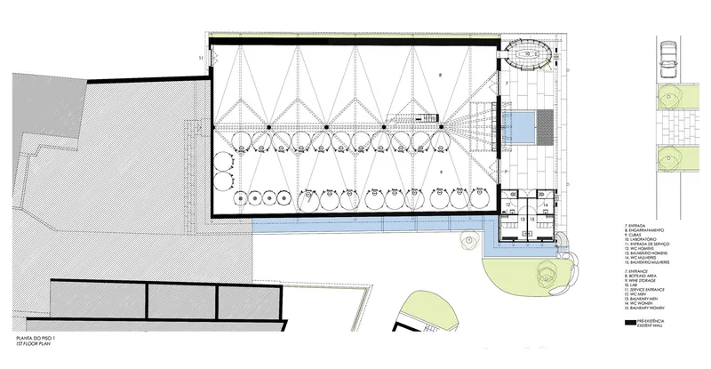 Floor plan and section drawing showing structural trusses above an interior double-height space