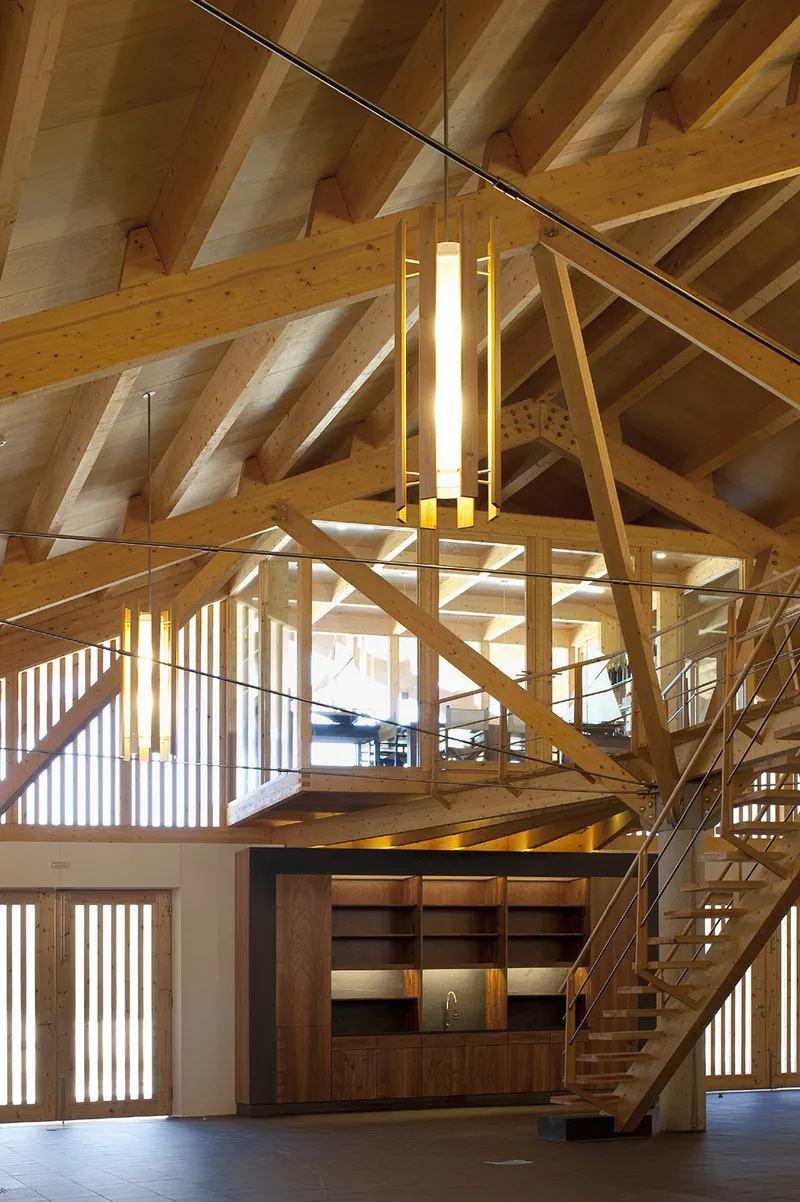 Double-height interior with diagonal timber trusses and a pendant light fixture above a wooden cabinetry unit