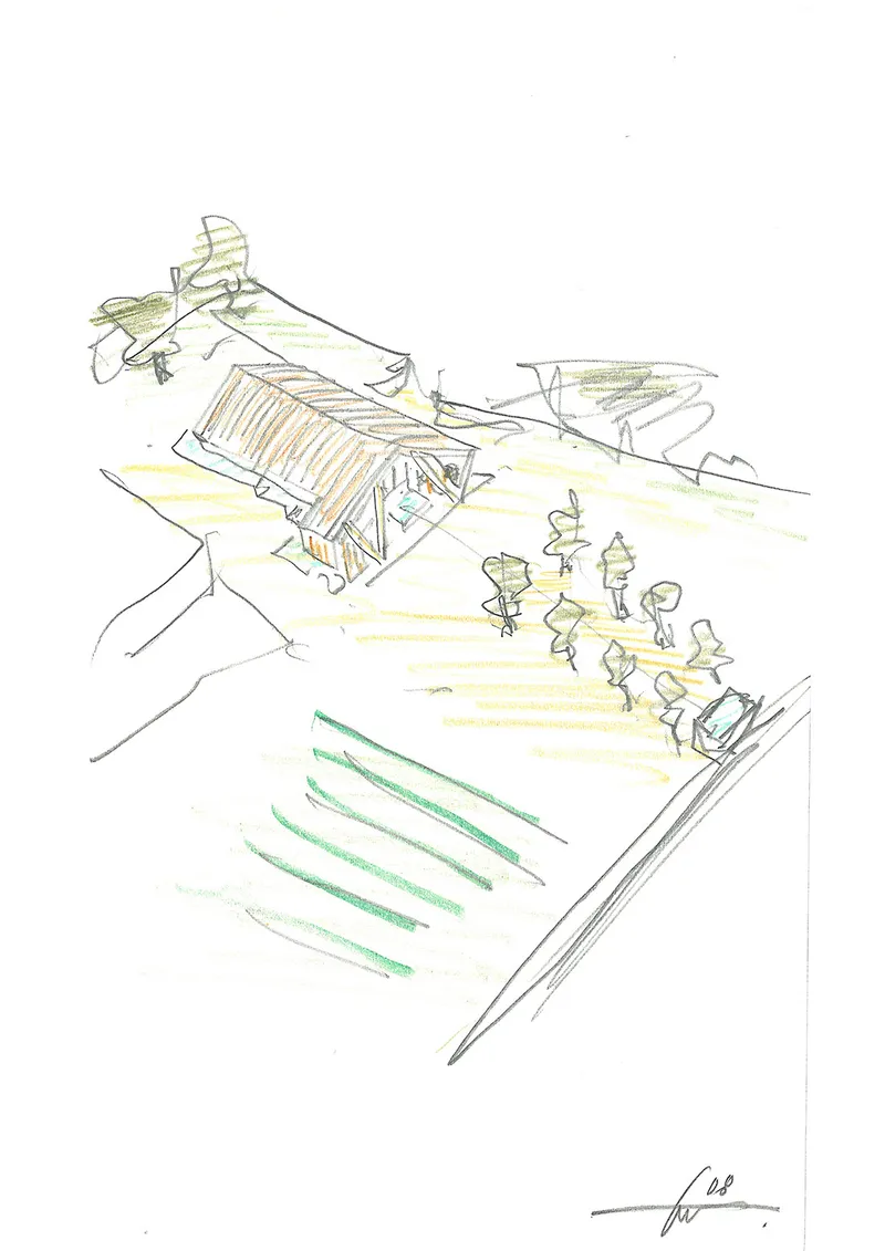 Sketch showing an aerial view of a sloped roof structure with yellow and green landscape bands
