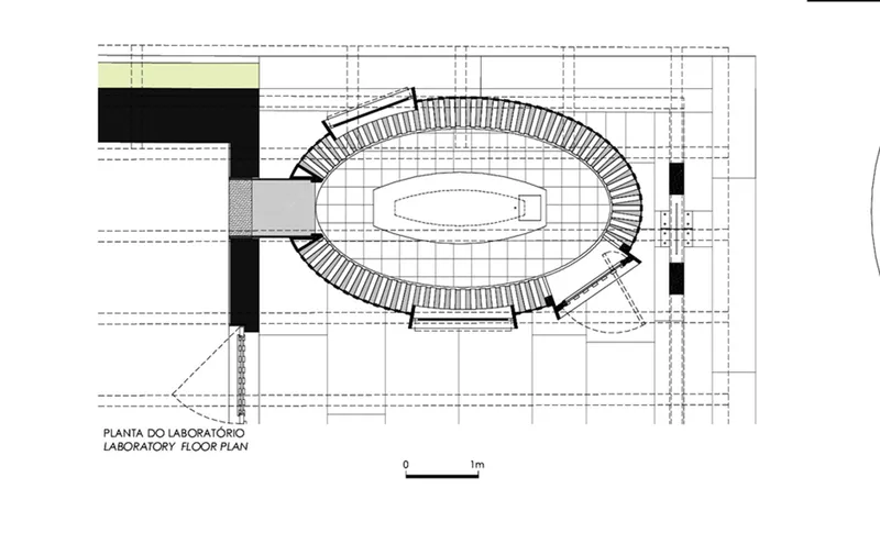 Floor plan drawing of an oval laboratory with continuous perimeter workspace and central opening