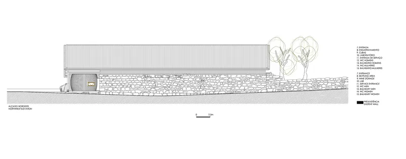 Elevation drawing showing a low horizontal building behind a planted slope with two trees