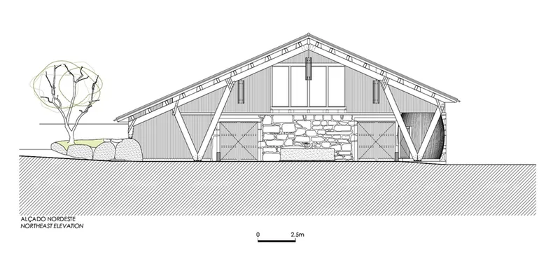 Elevation drawing showing gabled roof with exposed timber trusses and stone masonry central volume