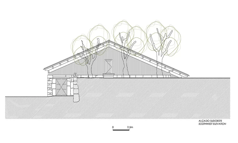 Elevation drawing showing gabled volume on sloped terrain with deciduous trees beyond