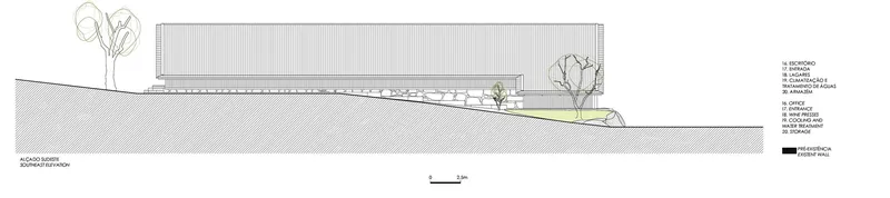 Longitudinal section drawing showing horizontal volume set into hillside with planted roof