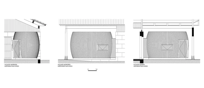 Facade elevation drawings showing three variations of corrugated metal cladding and stone base details
