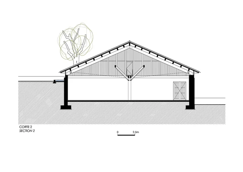 Section drawing through gabled volume showing exposed roof truss and interior spatial divisions