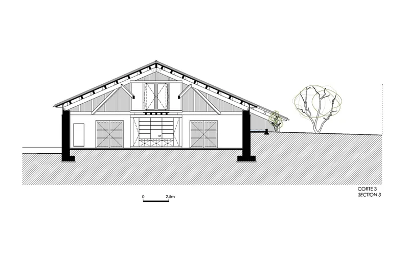 Section drawing showing double-height interior with mezzanine stair and flanking timber doors