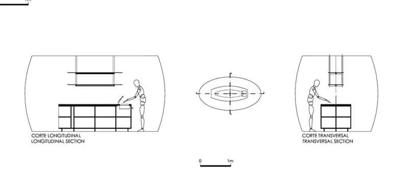 Longitudinal and transverse section drawings with human figures beside storage units and an oval plan above