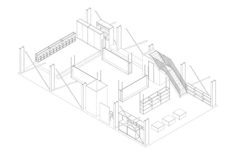 Axonometric drawing showing structural frame with staircase, partition walls, and service counter in skeletal view