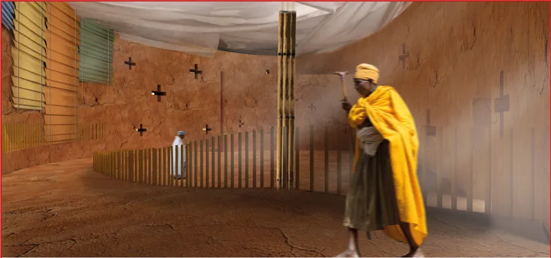 Earth-textured interiors create a contemplative atmosphere shaped by filtered light, bamboo, and traditional Ethiopian materiality.
