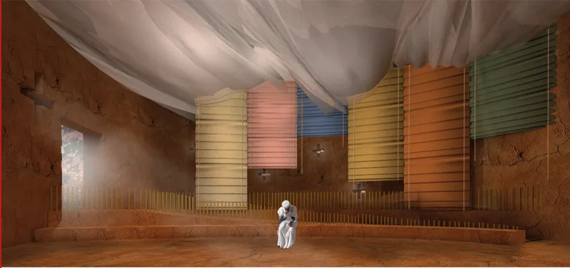 Soft light, raw earth walls, and suspended fabric ceilings establish a serene and immersive prayer environment.