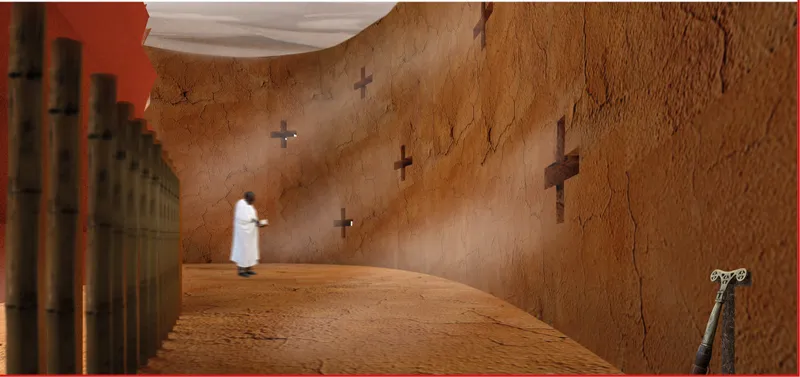 A curved earthen corridor guides visitors through a quiet spiritual journey inspired by Ethiopia’s monolithic churches.