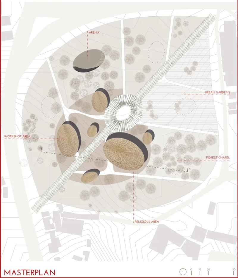 A masterplan shaped by nature, where bamboo pathways and seed-inspired forms create a sustainable spiritual landscape.