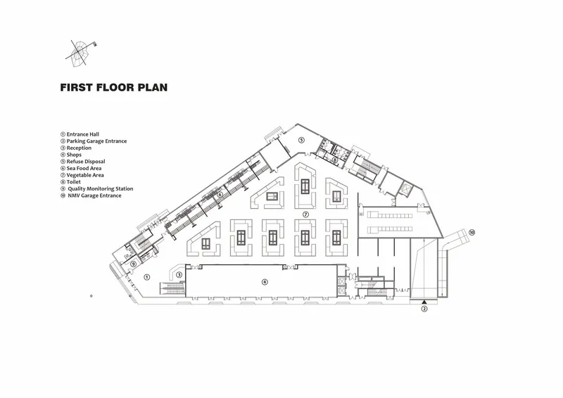 First floor plan drawing showing market stalls arranged around a central hall with support spaces