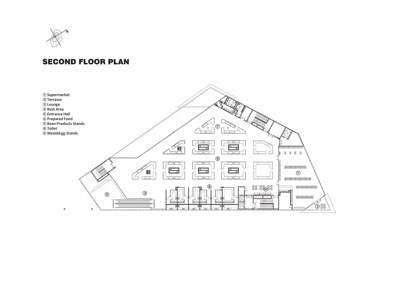 Second floor plan drawing showing retail and food areas distributed across the triangular footprint
