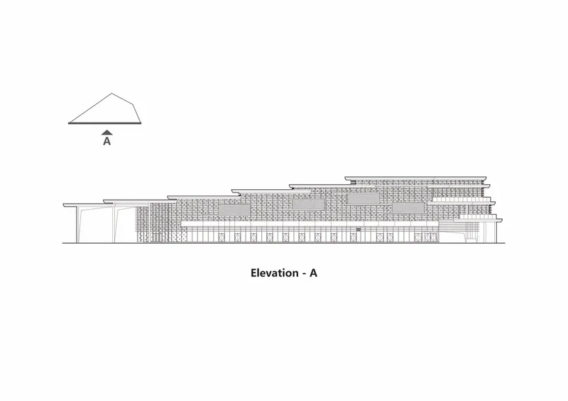 Elevation drawing showing the stepped terraced profile with screen facade and triangular roof form