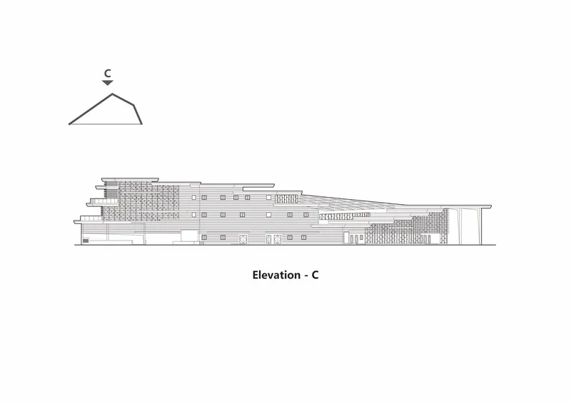 Elevation drawing depicting a terraced structure with cascading volumes and gridded window openings