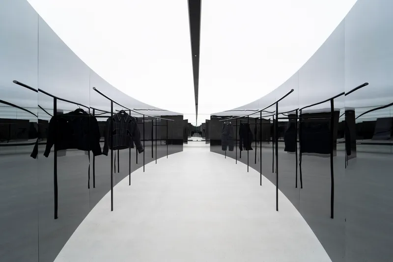 Symmetrical corridor with black metal garment racks reflected in polished floor under twin curved ceiling vaults
