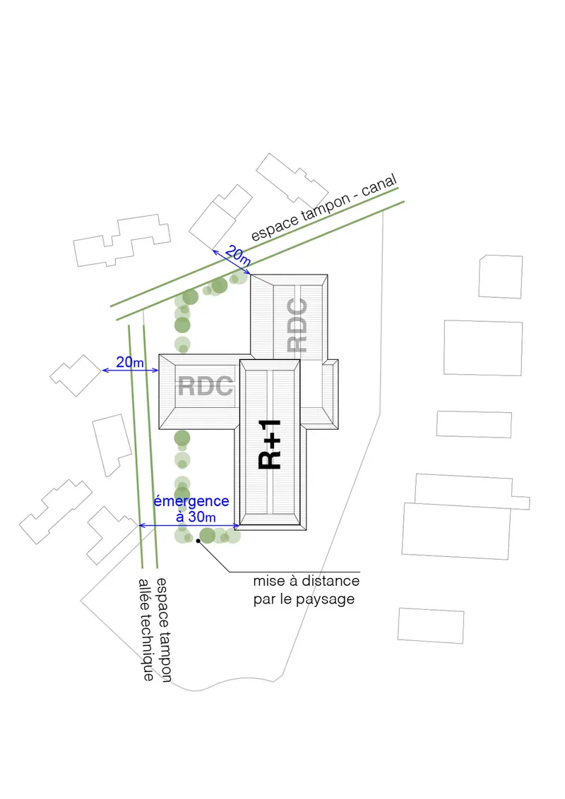 Site plan showing building placement relative to adjacent canal, planted buffer and neighboring structures