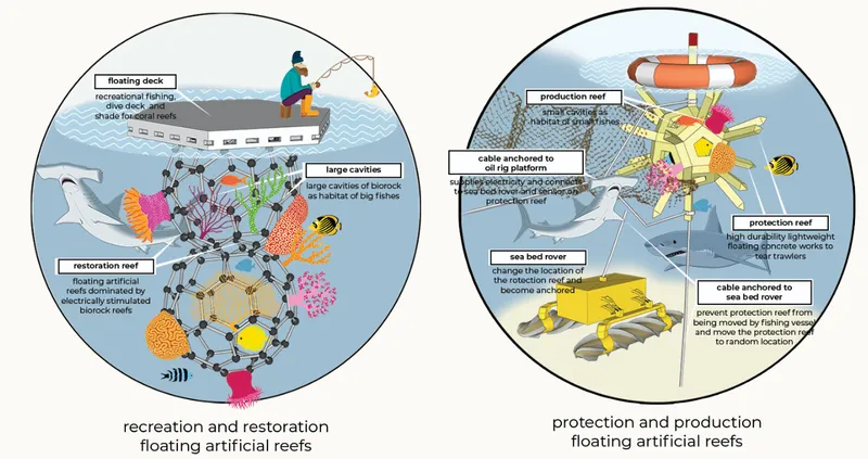 Recreation and restoration floating reefs designed to regenerate coral ecosystems while creating immersive marine tourism experiences.