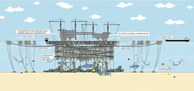 The adaptive reuse proposal transforms an offshore oil rig into a marine research, conservation, and tourism destination.