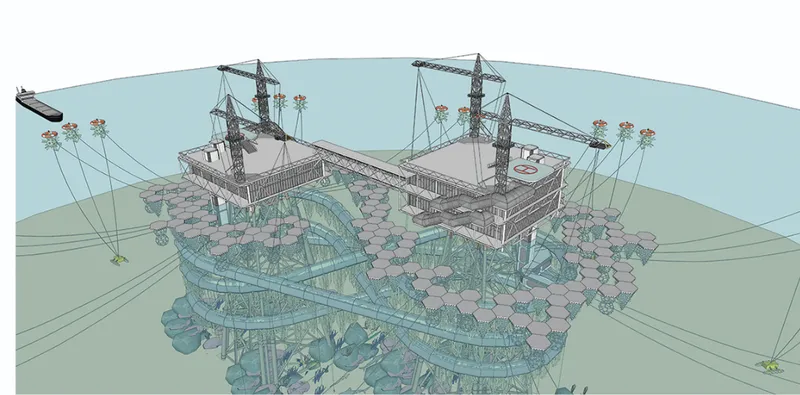 Aerial perspective showcasing interconnected reef networks, underwater observation routes, and ecological infrastructure around the platform.