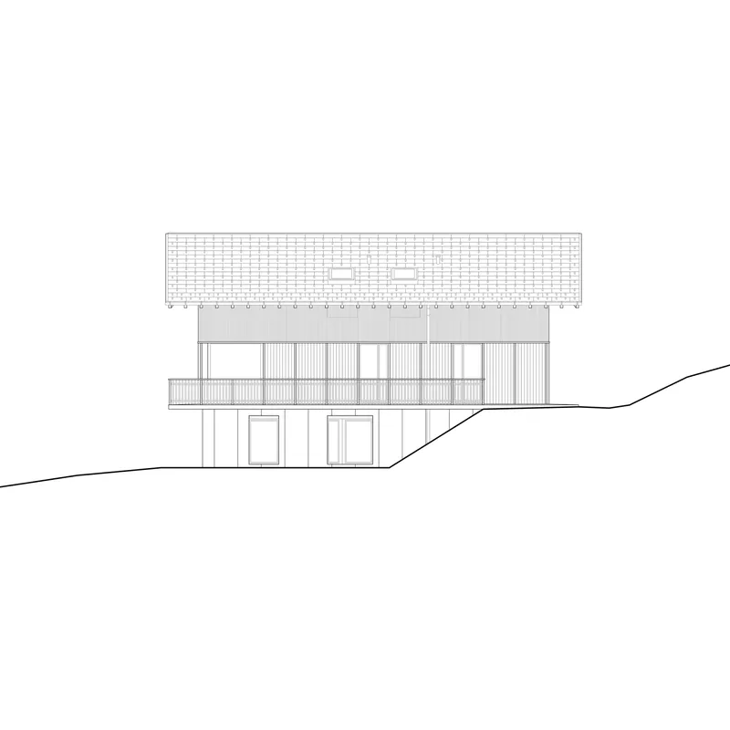 Elevation drawing showing vertical wood cladding on lower level and tiled roof with two dormers