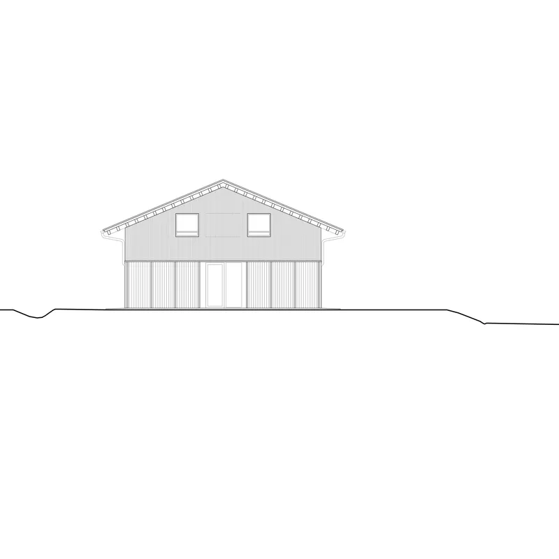 Elevation drawing of gabled facade with vertical siding and two square windows in the upper level