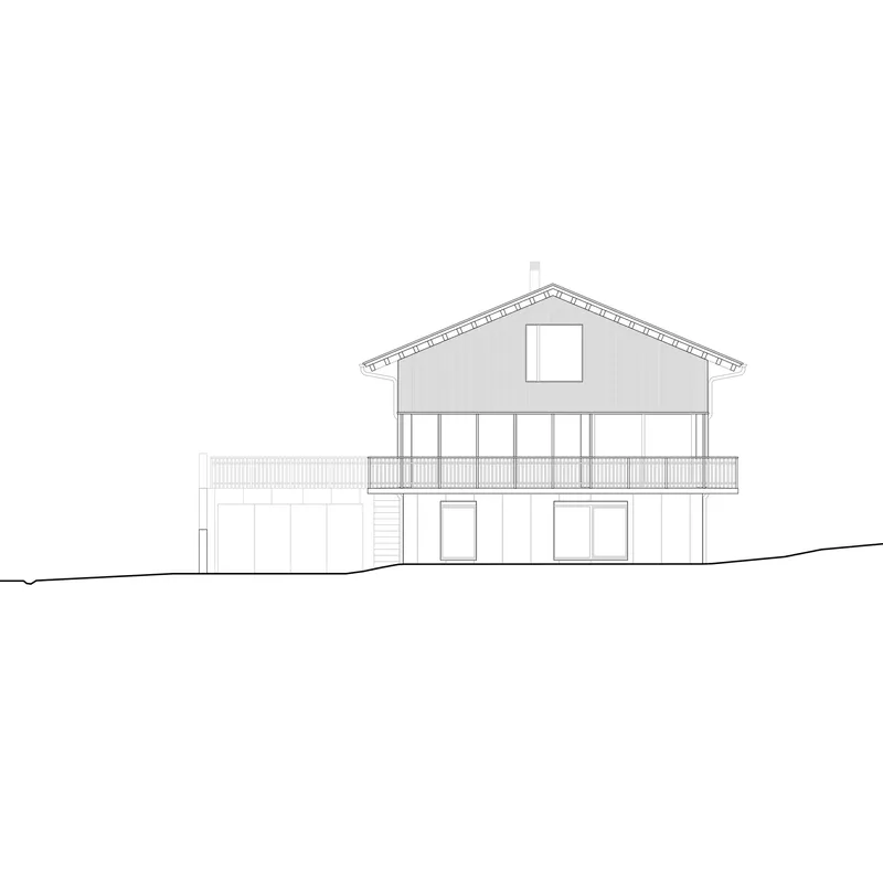 Elevation drawing showing two-story facade with balcony and vertical wood cladding on gabled upper volume