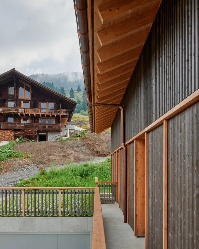 Deep timber soffit with exposed rafters and copper gutter beside vertical metal siding and wooden railing