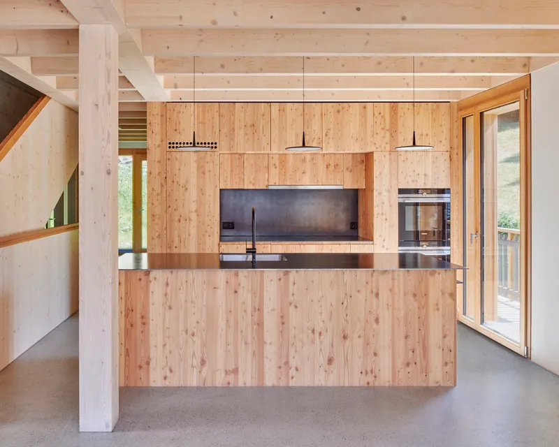 Open kitchen with vertical timber paneling and exposed ceiling beams overlooking green landscape through glazed doors