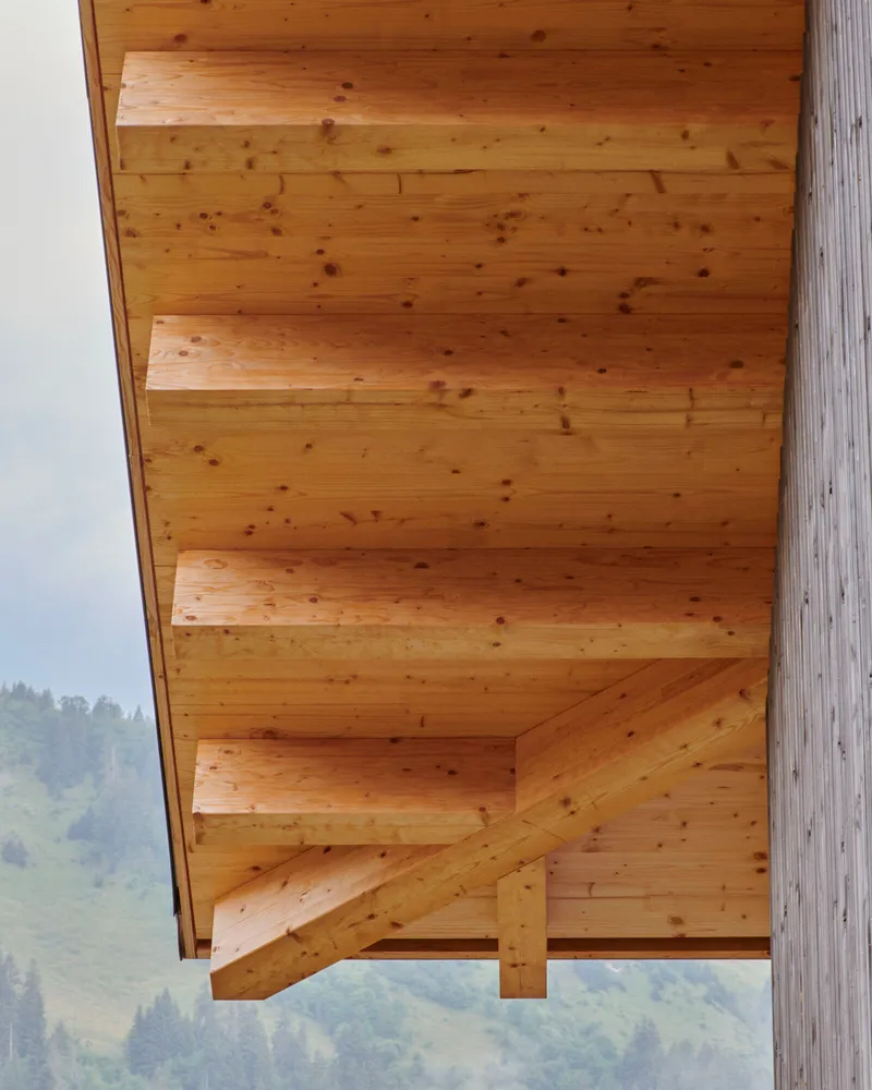 Underside of an overhanging timber soffit with exposed planks and brackets against a green hillside
