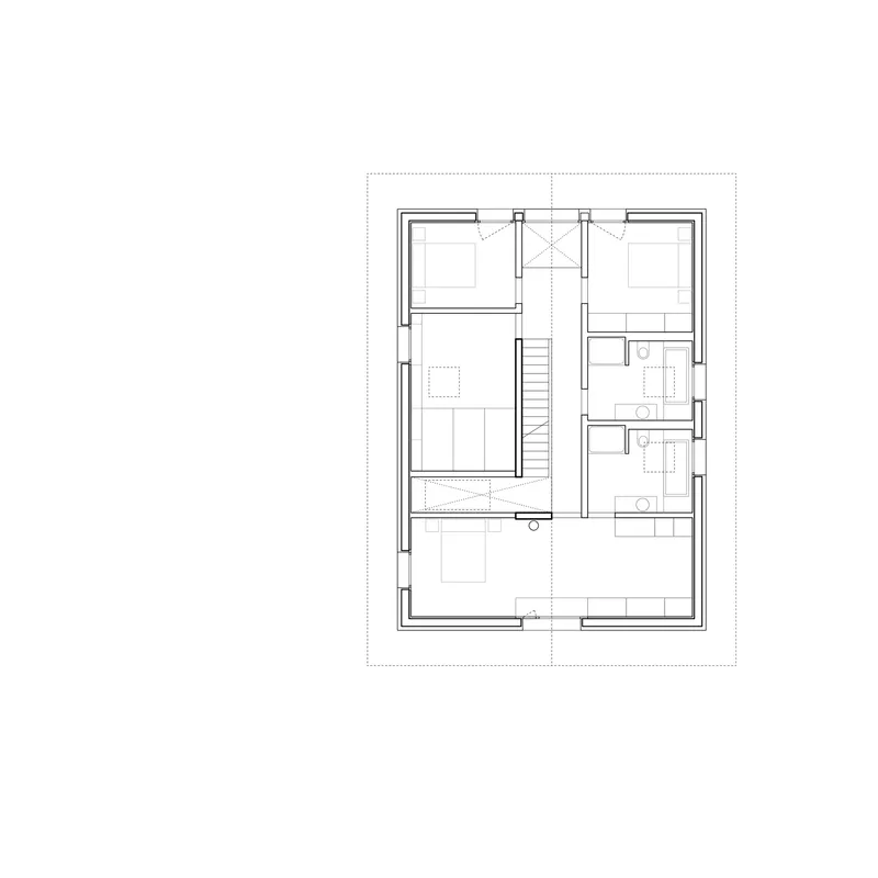Floor plan drawing showing rectangular layout with central staircase and rooms arranged around the perimeter