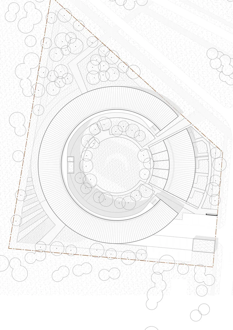 Site plan drawing showing the curved building form with central courtyard and surrounding landscape