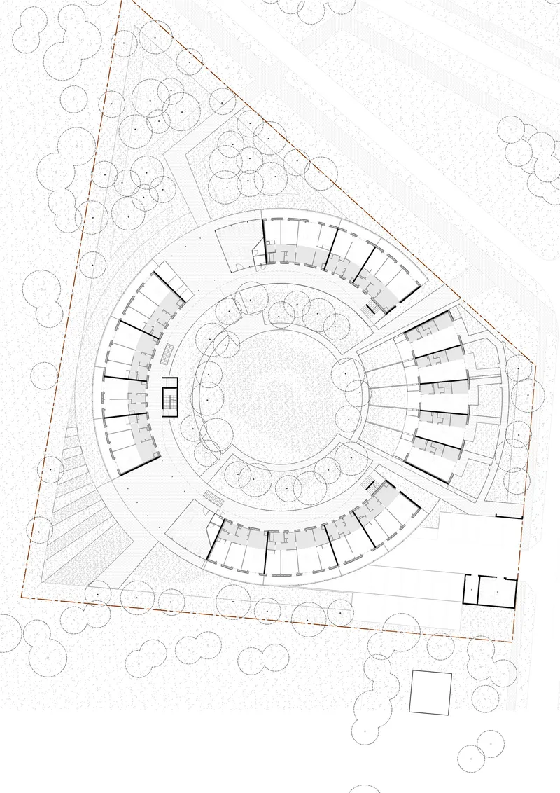 Floor plan drawing showing the circular courtyard ringed by radiating units and landscape on a triangular site