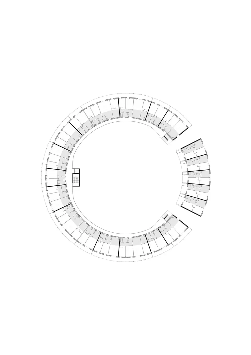 Floor plan drawing showing a circular residential tower with radial apartment units around a central core