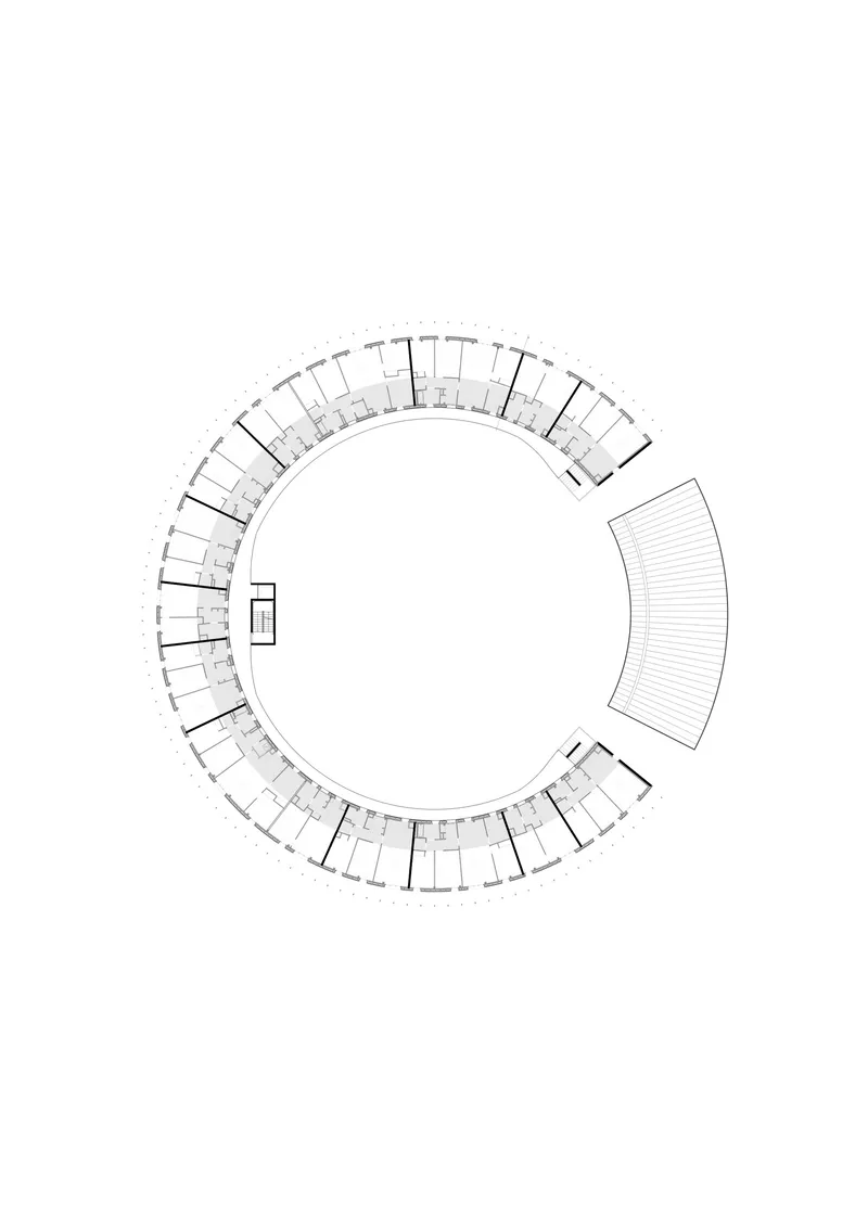 Floor plan drawing showing the circular residential layout with a cantilevered terrace segment at one side