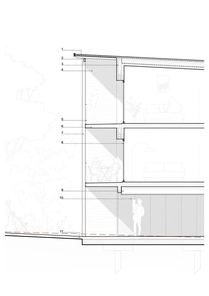 Section drawing showing three stacked residential floors with figure silhouettes and balcony overhangs