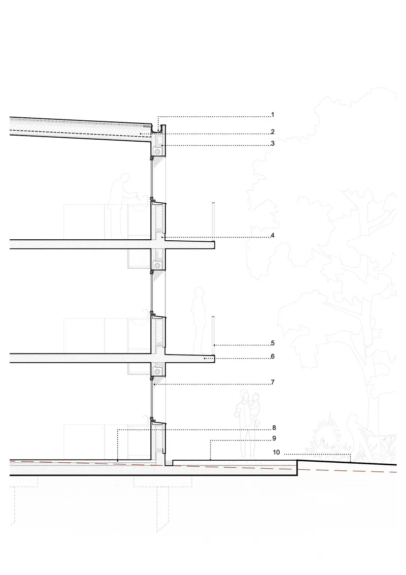 Section drawing showing the facade assembly with glazing panels and slab edges across multiple floors