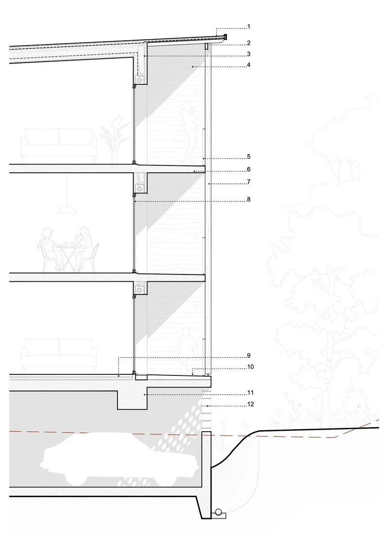 Section drawing showing the multi-story facade detail with floor slabs and a ground-level water feature