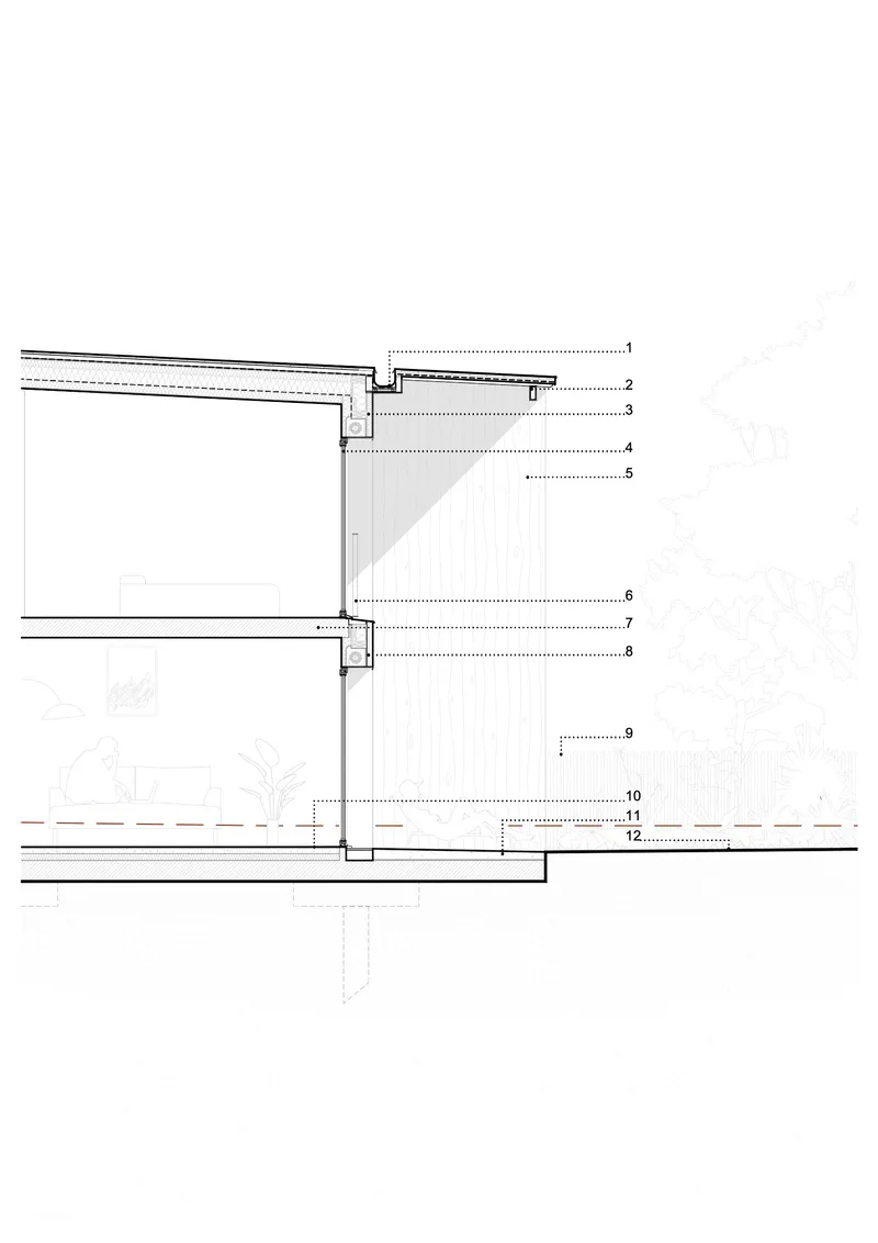 Section drawing showing the two-story facade assembly with roof detail and planted grade level