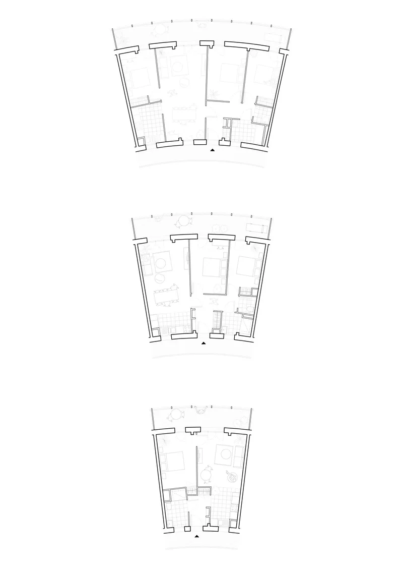 Floor plan drawings showing three residential levels with splayed walls and balconies along the facade