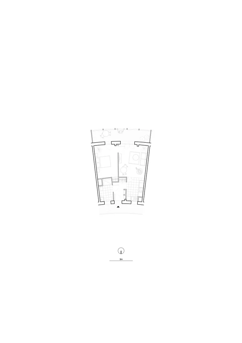 Floor plan drawing showing a tapered unit with living spaces and bathroom arranged around a central core